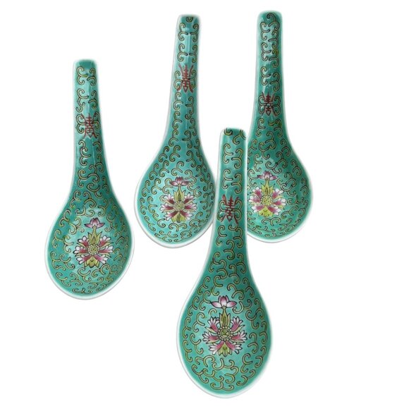 Set Of 4 Chinese Porcelain Soup Spoons With Floral Design In Green & Pink - Picture 1 of 5